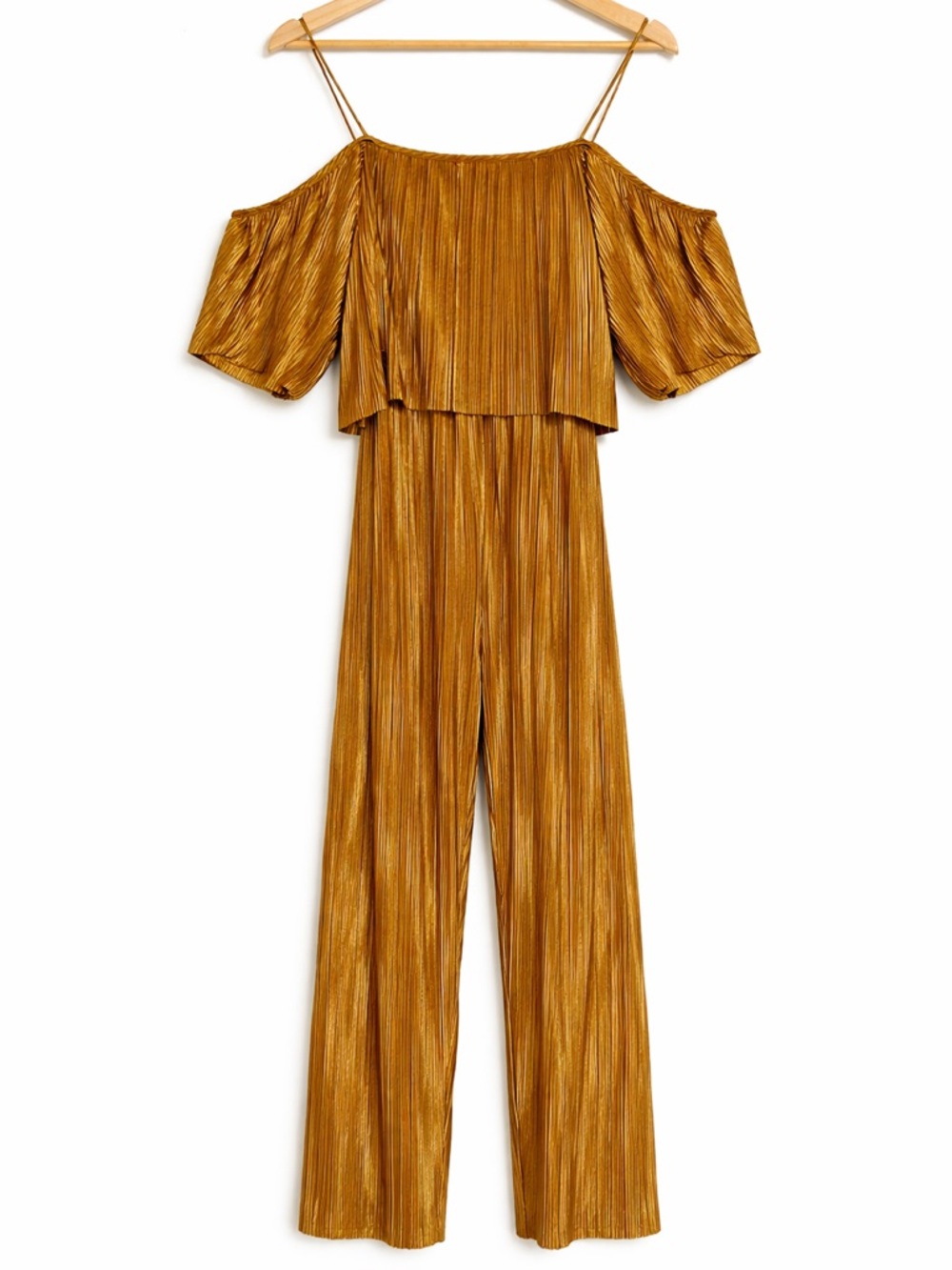 Metallic Gold Pleated Jumpsuit Off Shoulder Wide Leg Party Evening Glam - Picture 4 of 6